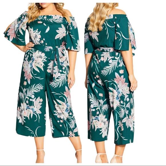 City Chic Jumpsuit in Emerald Amazon Lily Print - Picture 1 of 8
